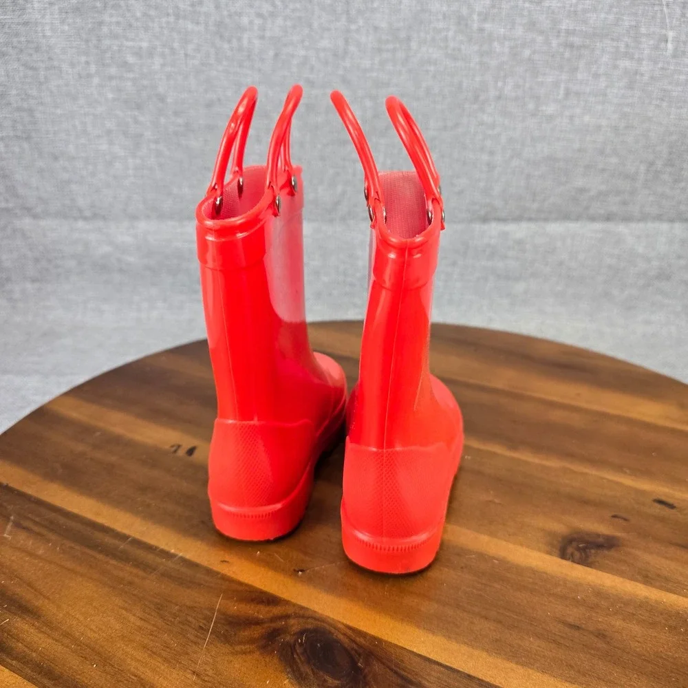 Red Toddler Rain Boots Size 8 Waterproof Pull On Handles Glossy Rubber Boots - Picture 10 of 13